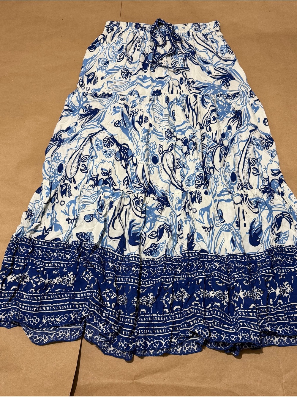 Women's Blue & White Floral Tiered Maxi Skirt